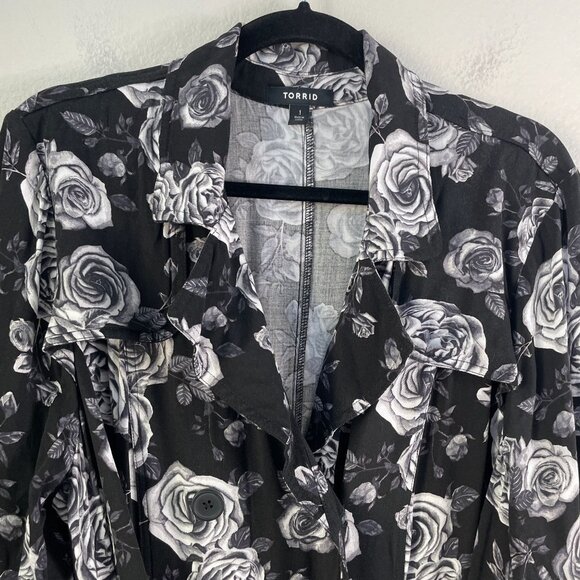 Torrid Womens Plus 1X Old Hollywood Floral Black Trench Coat Jacket - Picture 10 of 13